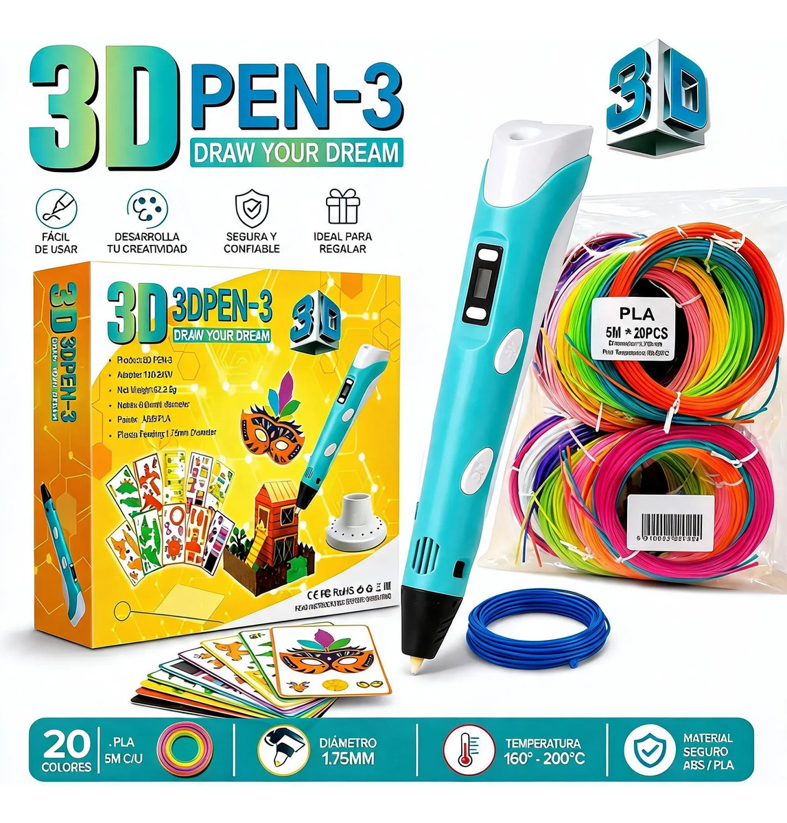 Lápiz 3D con pantalla LCD + 100 m de filamentos + plantillas de dibujo