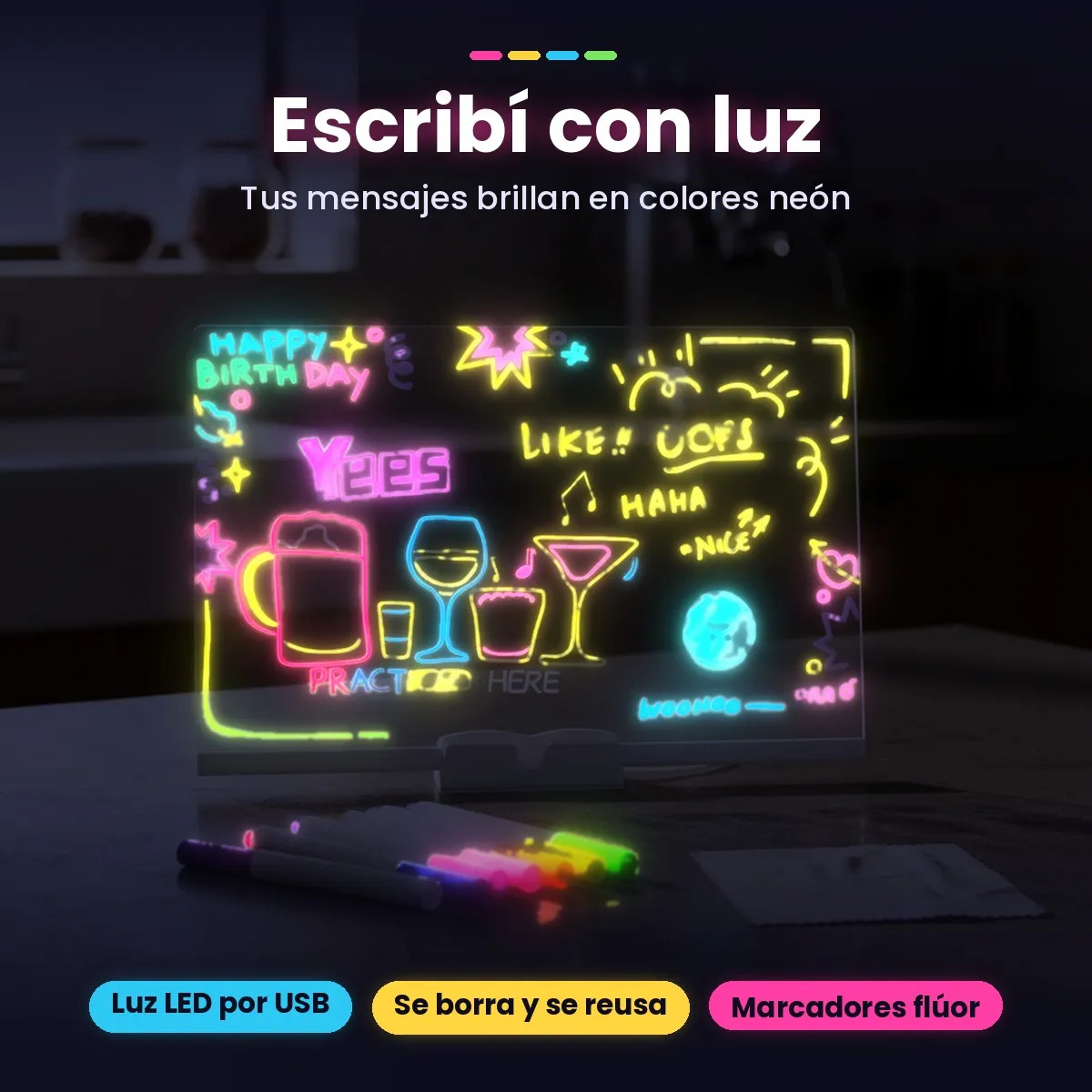 Pizarra mágica LED USB de acrílico con base ajustable + 7 marcadores - Imagen 9
