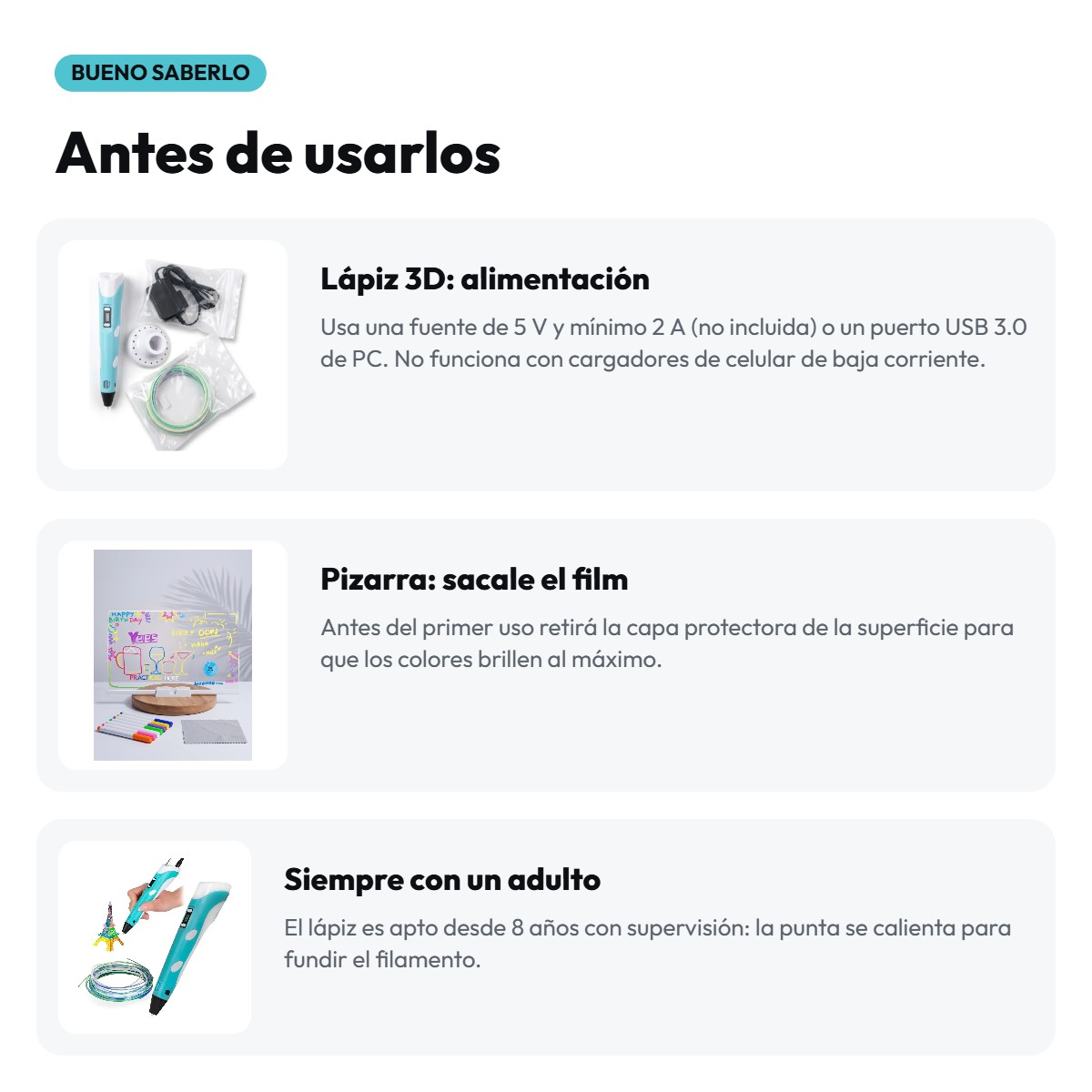 Recomendaciones antes de usar el lápiz 3D y la pizarra LED