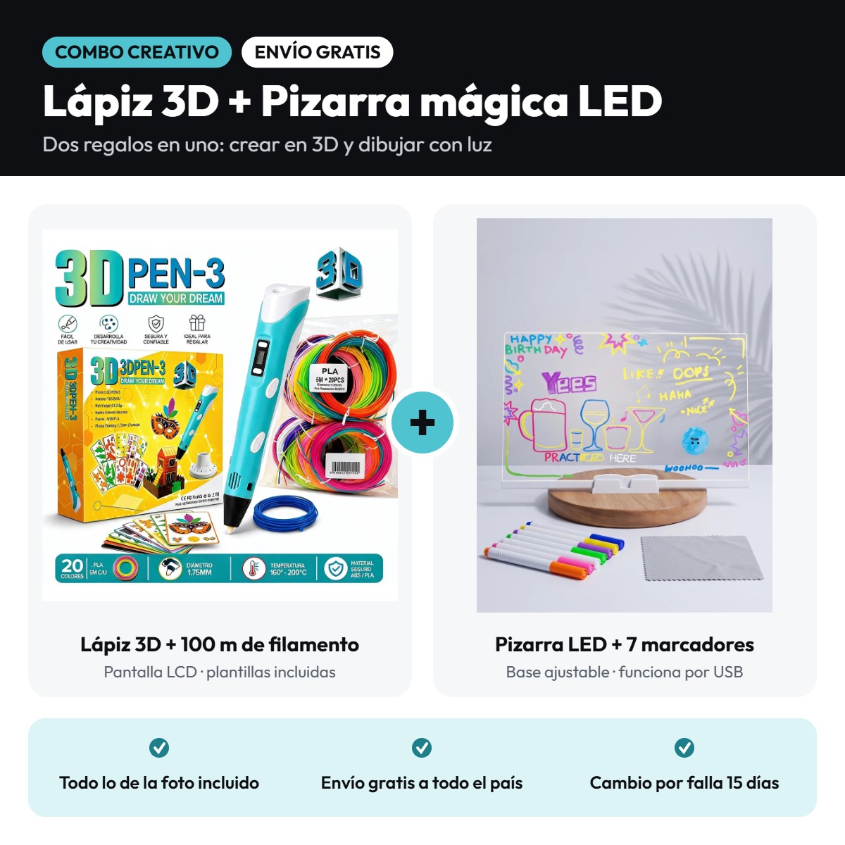 Combo Lápiz 3D + Pizarra mágica LED con envío gratis