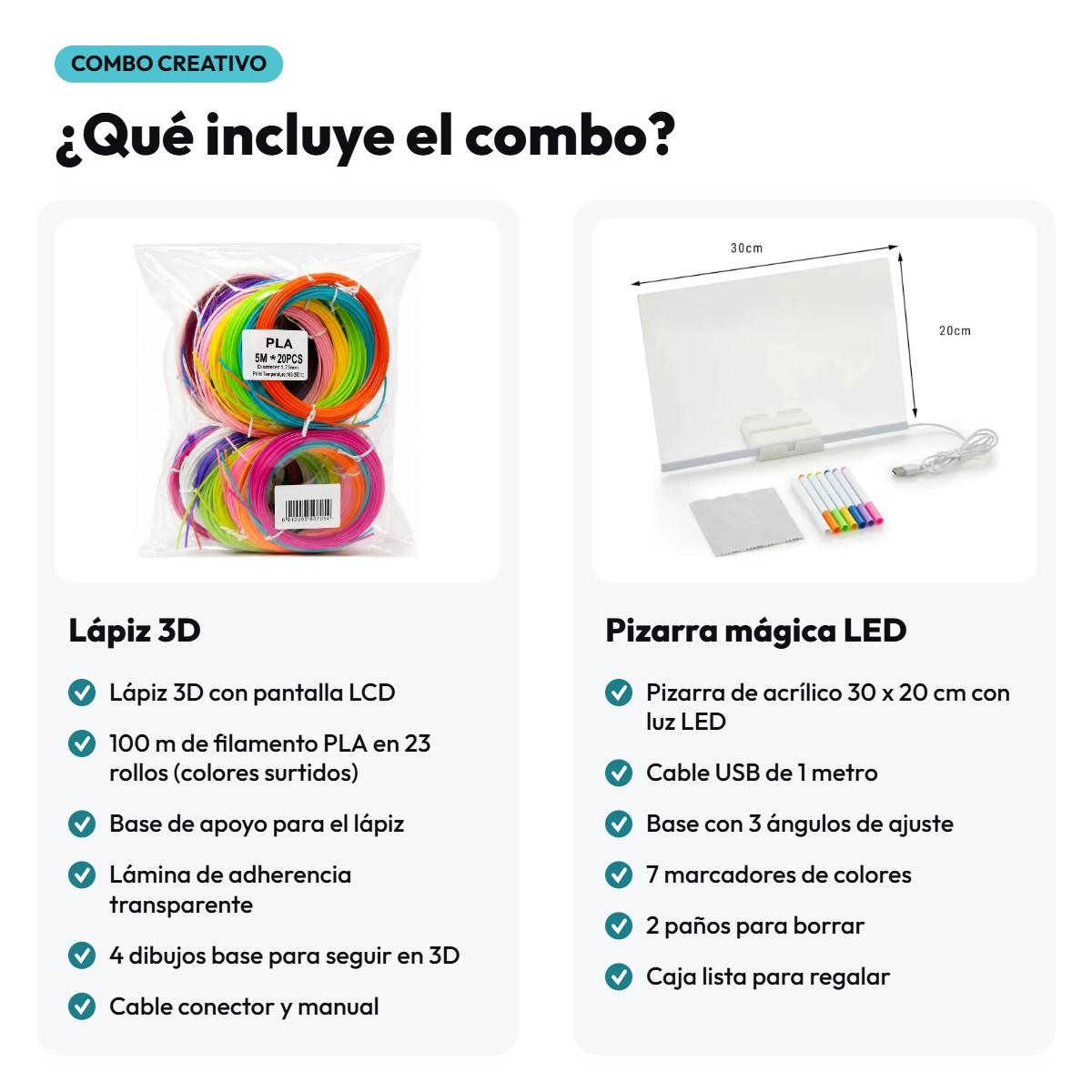 Qué incluye el combo Lápiz 3D + Pizarra mágica LED