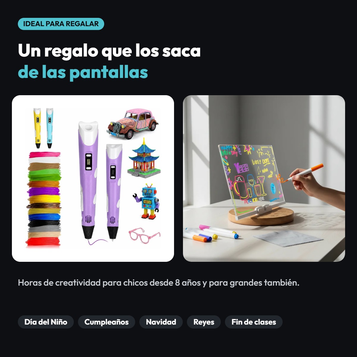 Combo lápiz 3D y pizarra LED ideal para regalar