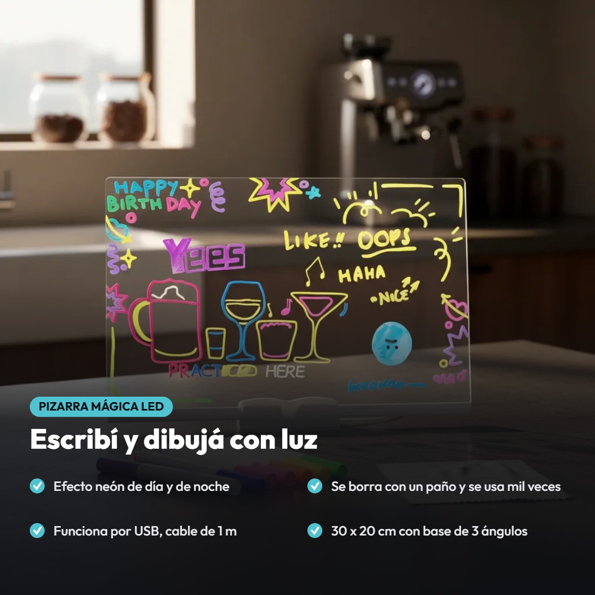 Pizarra mágica LED con dibujos de colores neón